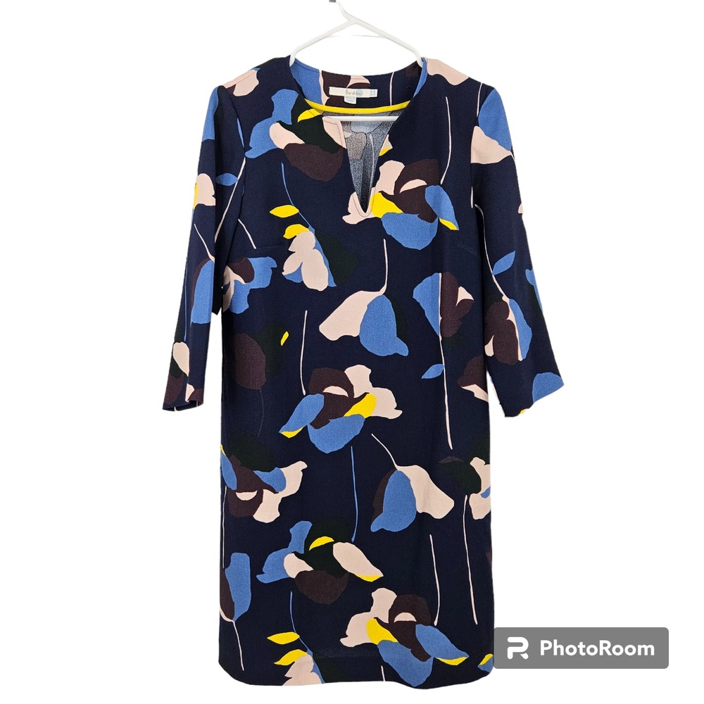 Boden Shift Dress Navy Blue Easy Notch Floral Split Neck 3/4 Sleeve Career Sz 4